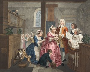 Casado com uma velha empregada doméstica, placa V de &39;A Rake&39;s Progress&39;, ilustração de &39;Hogarth restaurado: as obras inteiras do célebre William Hogarth, re-gravado por Thomas Cook&39;, pub. 1812 (colorido à mão de William Hogarth
