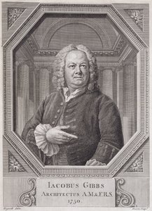 Retrato de James Gibbs (1682-1754), de &39;Plans, Secções e Elevações da Biblioteca Radcliffe&39;, gravado por Bernard Baron (1696-c.1766) 1750 de William Hogarth