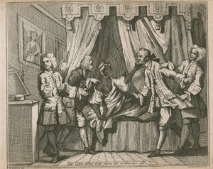 Ele agora tinha uma cor branca, o branco é o oposto; Quatro homens confrontar uma mulher negra em seu quarto de William Hogarth