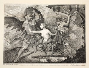 Satanás, pecado e morte, bar. 1792 de William Hogarth