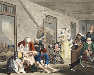 Cena em Bedlam, placa VIII, do progresso de um ancinho, ilustração de &39;Hogarth restaurado: as obras inteiras do célebre William Hogarth, re-gravado por Thomas Cook&39;, pub. 1812 (engra colorido à mão de William Hogarth