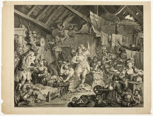 Atrizes passeando se vestindo em um celeiro de William Hogarth