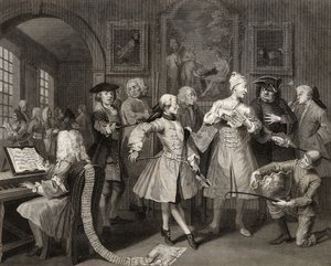 Cercado por artistas e professores, prato II de &39;A Rake&39;s Progress&39;, de &39;The Works of William Hogarth&39;, publicado em 1833 de William Hogarth