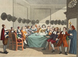 O comitê, de &39;Hudibras&39; por Samuel Butler (1612-1680), ilustração de &39;Hogarth restaurado: as obras inteiras do célebre William Hogarth, re-gravado por Thomas Cook&39;, pub. 1812 (colorido à mão de William Hogarth