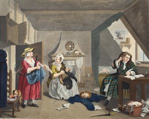 O poeta afligido, ilustração de "Hogarth restaurado: As obras inteiras do célebre William Hogarth, re-gravado por Thomas Cook", pub. 1812 (gravura colorida à mão) de William Hogarth