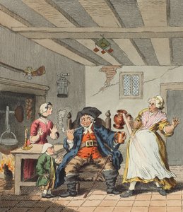 O retorno do fazendeiro, ilustração de "Hogarth restaurado: As obras inteiras do célebre William Hogarth, re-gravado por Thomas Cook", pub. 1812 (gravura colorida à mão) de William Hogarth