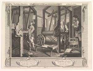 Os Companheiros Prentices em seus teares Indústria e ociosidade, placa 1, 30 de setembro de 1747. de William Hogarth
