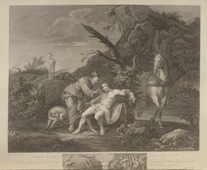 O Bom Samaritano, gravado por JM Delatre e Simon Francis Ravenet, publicado por John Boydell (1719-1804) 1772