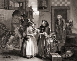 O Progresso das Prostitutas enlaçado por uma procuressa, de The Works of Hogarth, publicada em Londres, 1833 (gravura de bw) de William Hogarth