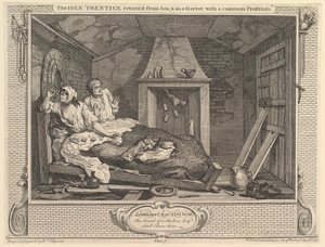 O prentice ocioso retornou do mar e em um sótão com uma prostituta comum ..., 30 de setembro de 1747. de William Hogarth