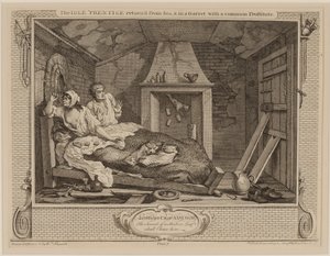The Idle &39;Prentice retornou do mar e em um sótão com uma prostituta comum, da série "Industry and Idleness", outubro de 1747 (gravura e gravura) de William Hogarth
