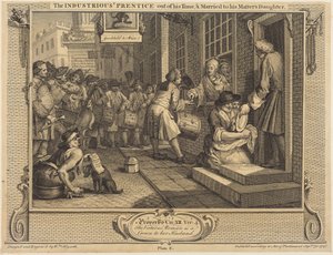 O aprendiz trabalhador que terminou o seu estágio antes do tempo e se casou com a filha do seu mestre de William Hogarth