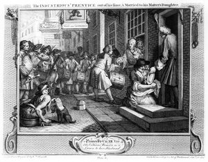 O aprendiz trabalhador de seu tempo e casado com a filha de seu mestre, placa VI de &39;Indústria e ociosidade&39;, 1747 de William Hogarth
