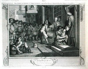 O "Prentice Industrioso do seu Tempo e Casado com a Filha do seu Mestre, placa VI de "Indústria e Ociosidade", publicado em 1833 (gravura) de William Hogarth