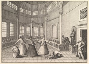 O interior de uma mesquita, os dervixes dançando Aubry de La Mottrayes Viaja através de ..., 1723-24. de William Hogarth