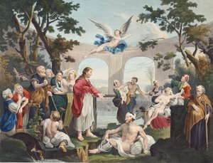 A piscina de Bethesda, ilustração de &39;Hogarth restaurado: as obras inteiras do célebre William Hogarth, re-gravado por Thomas Cook&39;, pub. 1812 (gravura colorida à mão) de William Hogarth
