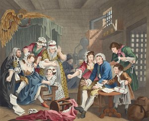 The Rake in Prison, prato VII, de &39;A Rake&39;s Progress&39;, ilustração de &39;Hogarth Restaurado: As Obras Completas do célebre William Hogarth, re-gravado por Thomas Cook&39;, pub. 1812 (colorido à mão e de William Hogarth