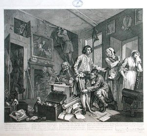 O Jovem Herdeiro Tem a Posse dos Efeitos do Misericordioso, prato I de "O Progresso de um Rake". de William Hogarth