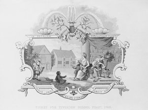 Bilhete para a Festa da Escola de Tiverton, 1740, gravada por J. Moore de William Hogarth