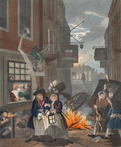 Tempos do dia, noite, ilustração de &39;Hogarth restaurado: as obras inteiras do célebre William Hogarth, re-gravado por Thomas Cook&39;, pub. 1812 (gravura colorida à mão) de William Hogarth