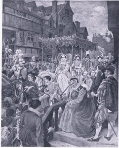 A entrada estatal da Rainha Maria em Edimburgo 1561, de Cassells History of the British People publicado pela Waverley Book Company, c.1950