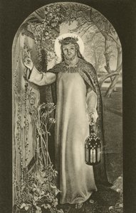 A Luz do Mundo, pintura no Keble College, Oxford, Oxfordshire, retratando Cristo carregando uma lanterna e batendo em uma porta (foto a p/b) de William Holman (after) Hunt