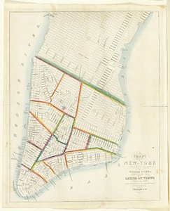 Mapa da cidade de Nova York [ao norte até a rua 53 Leste], 1885 (tinta preta, com a mão para colorir, no papel)