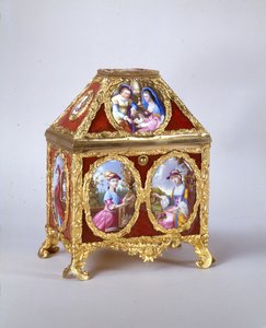 O caixão George III contém um relógio de bordo à maneira de James Cox, c.1770 (metal dourado, esmalte e verre-eglomise) (ver também 741846) de William Hopkins Craft