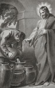 Cristo transforma água em vinho, de "A história e vida de nosso bendito senhor e Salvador Jesus Cristo", do reverendo J. Milner, publicado por B. Crosby, 1808