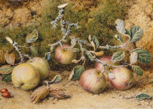 Ainda vida com maçãs, avelãs e roseira brava, de William Hough