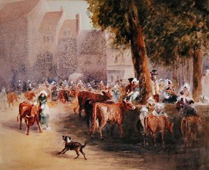 Manhã cedo no mercado de gado da aldeia (aguarela sobre papel) de William Hunt