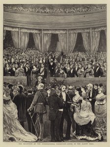 A recepção na exposição internacional, cena na gravura de Albert Hall