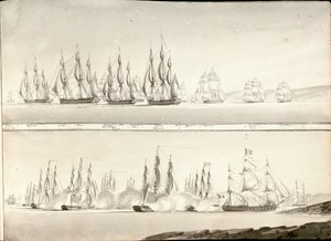 Diferentes modos de pintar a linha de navios de guerra, início do século XIX (caneta, lavagem a cinzento) de William Innes Pocock