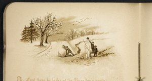 Crianças e um boneco de neve. The Holiday Train: uma canção de “Dulce Domum” ... Ilustrado por W. J. Webb.  Frederick Langbridge  Londres, 1891