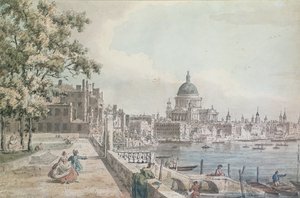 Uma cópia de parte de um desenho de Canaletto, da Catedral de São Paulo, do Terraço da Somerset House, (wc, pen and washing)