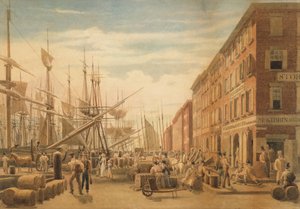 Vista da South Street, de Maiden Lane, New York City, ca. 1827.