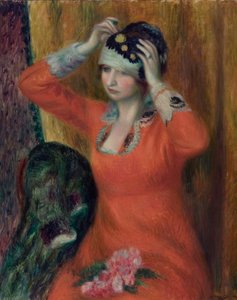 Garota de vestido vermelho prendendo no chapéu de William James Glackens