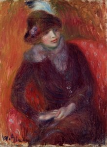 Mulher sentada com gola de pele e fundo vermelho de William James Glackens