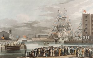 Doca de St. Katherine: Abertura em 25 de outubro de 1828, gravada por E. Duncan (colorido aquatint)