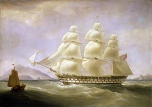 O barco indiano "Triton", ao largo da costa da China, com um pequeno barco local visível. Óleo sobre tela de William John Huggins