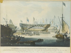 Lançamento do navio "Edinburgh", da Honorável Companhia das Índias Orientais, do estaleiro dos Srs. Wigrams  Green Blackwall, com vista para o navio "Abercrombie Robinson" no cais de William John Huggins