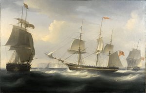 O navio "Delaford", construído no Tamisa em 1788 para o comércio entre Londres (Inglaterra) e as Índias Orientais. Óleo sobre tela, cerca de 1830, de William John Huggins (1781-1845). de William John Huggins