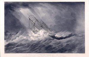 O navio "Woodford" (construído em 1819, em Bristol, Inglaterra), do armador e capitão Alfred Chapman, em 1824, na viagem entre Madras (Índia) e Inglaterra, apanhado pela tempestade de William John Huggins