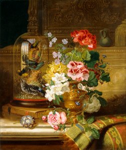 Um vaso de flores sortidas e aves canoras em uma borda, 1867