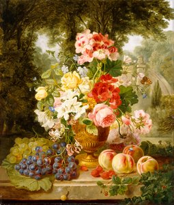 Um vaso de verão flores e frutas em uma borda em uma paisagem, 1867