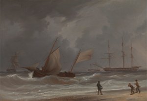 Um Lugger a conduzir em terra numa tempestade