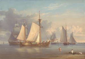 Barcos de pesca holandeses no Anchor, num estuário