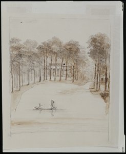 Birdhouse em Chiswick; piscina com um casal em um barco, a mulher pescando (caneta e lápis marrom sobre lápis sobre papel) de William Kent