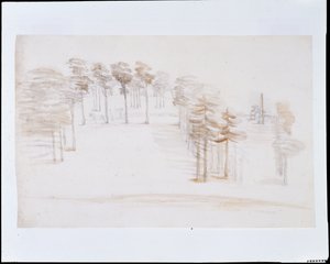 Chiswick, uma vista de um ponto elevado acima do Templo do Jardim das Laranjeiras (lápis e lavagem em papel) de William Kent