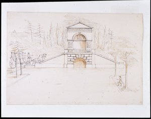 Chiswick, design para uma cascata pedimentada combinada com uma ponte rodoviária no final do canal (caneta e tinta e lavagem em papel) de William Kent